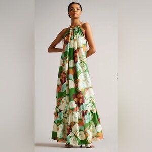 Ted Baker Green Dulina Strappy Linen Maxi Dress With Pleat Detail